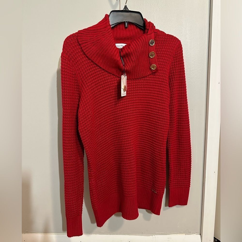🆕 Calvin Klein Knit Sweater Women's Size Small Red Turtle Neck Golden Buttons
